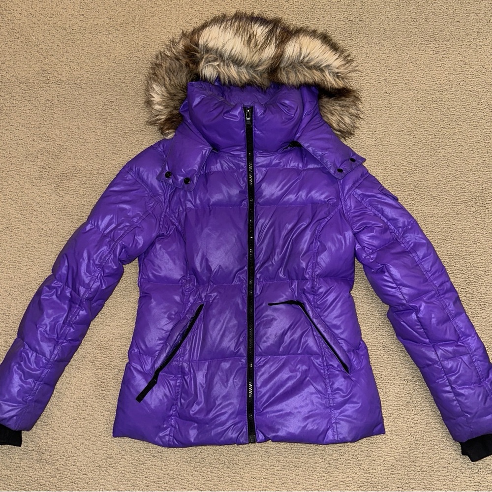 SAM NYC Purple Puffer Jacket with Faux Fur Hood